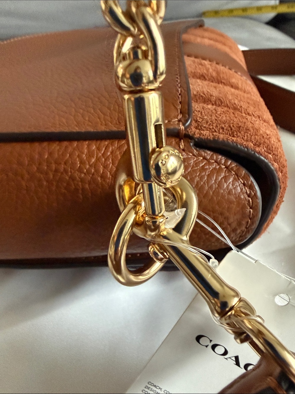 Coach Giorgia Suede and Leather Crossbody in Chestnut Brown with Gold Chain - Picture 10 of 12